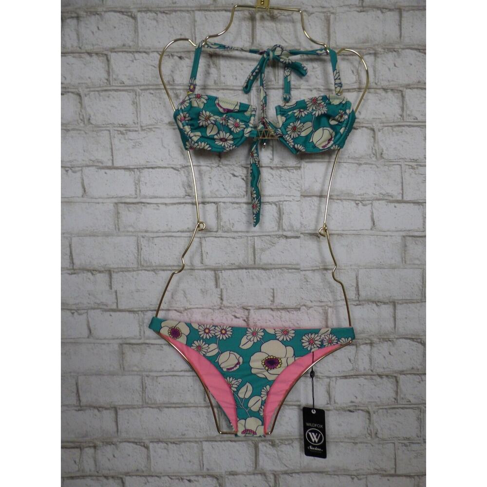$156 Wildfox Emerald Floral BIkini Top XS & Reversible Bikini Bottom Set S W262